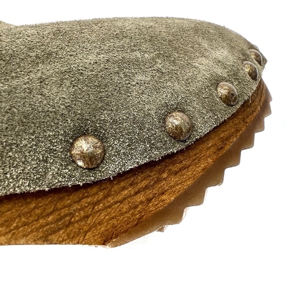 Bosabo Ankle Boots Sage Green Suede Upper Wooden Sole Size 8 Shearling lined EUC - Picture 8 of 14